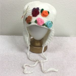 NWT New Urchin Off White Knitted Floral Ear Flap Beanie Hat One Size Cabincore